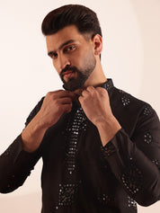 Men's Cotton Silk Boota Mirror Embroidered Black Only Long Kurta