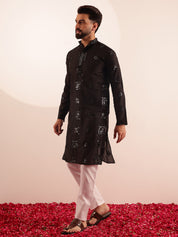 Men's Cotton Silk Boota Mirror Embroidered Black Only Long Kurta
