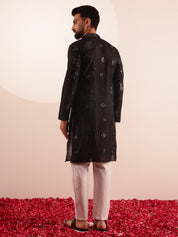 Men's Cotton Silk Boota Mirror Embroidered Black Only Long Kurta