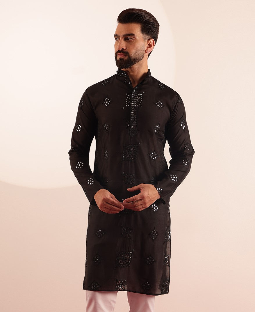 Men's Cotton Silk Boota Mirror Embroidered Black Only Long Kurta