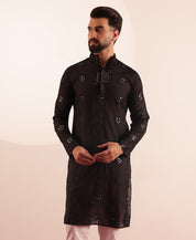 Men's Cotton Silk Boota Mirror Embroidered Black Only Long Kurta