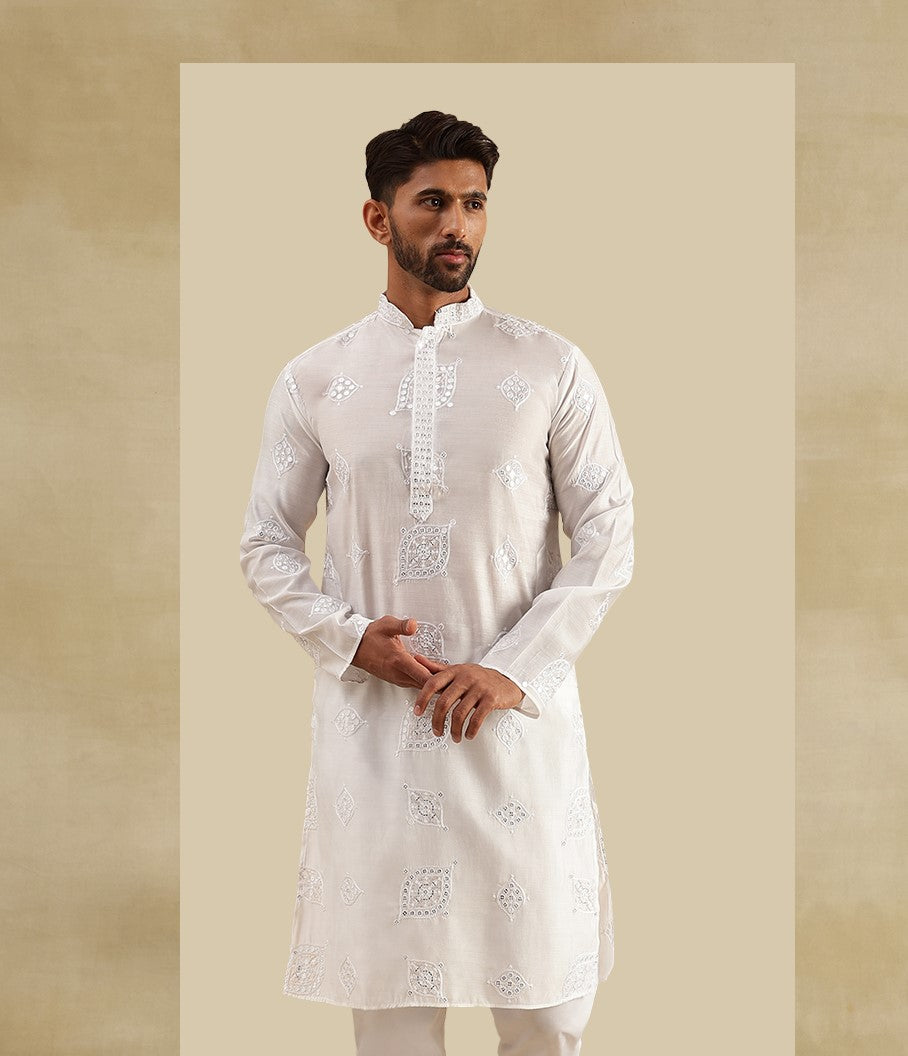 Men's Cotton Silk Boota Mirror Embroidered White Only Long Kurta