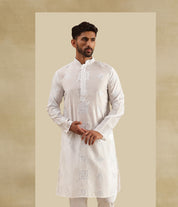 Men's Cotton Silk Boota Mirror Embroidered White Only Long Kurta