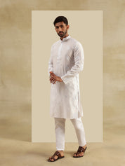 Men's Cotton Silk Boota Mirror Embroidered White Only Long Kurta