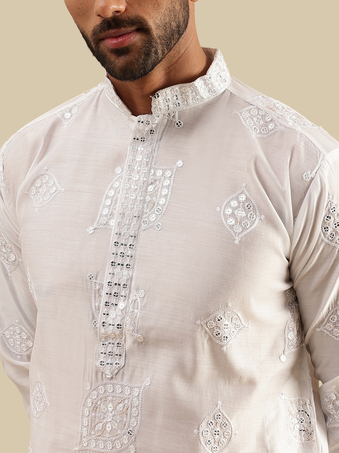 Men's Cotton Silk Boota Mirror Embroidered White Only Long Kurta
