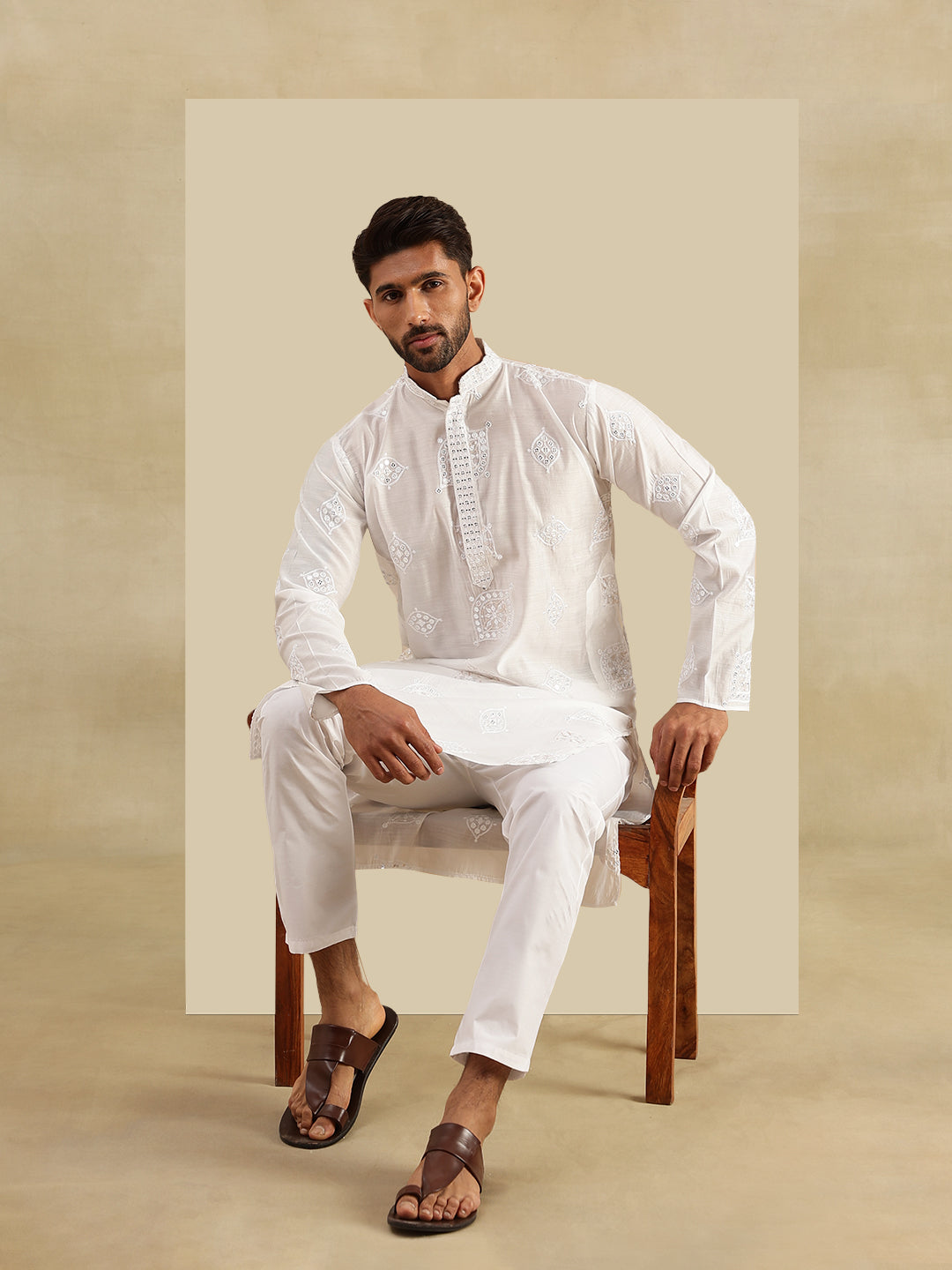 Men's Cotton Silk Boota Mirror Embroidered White Only Long Kurta