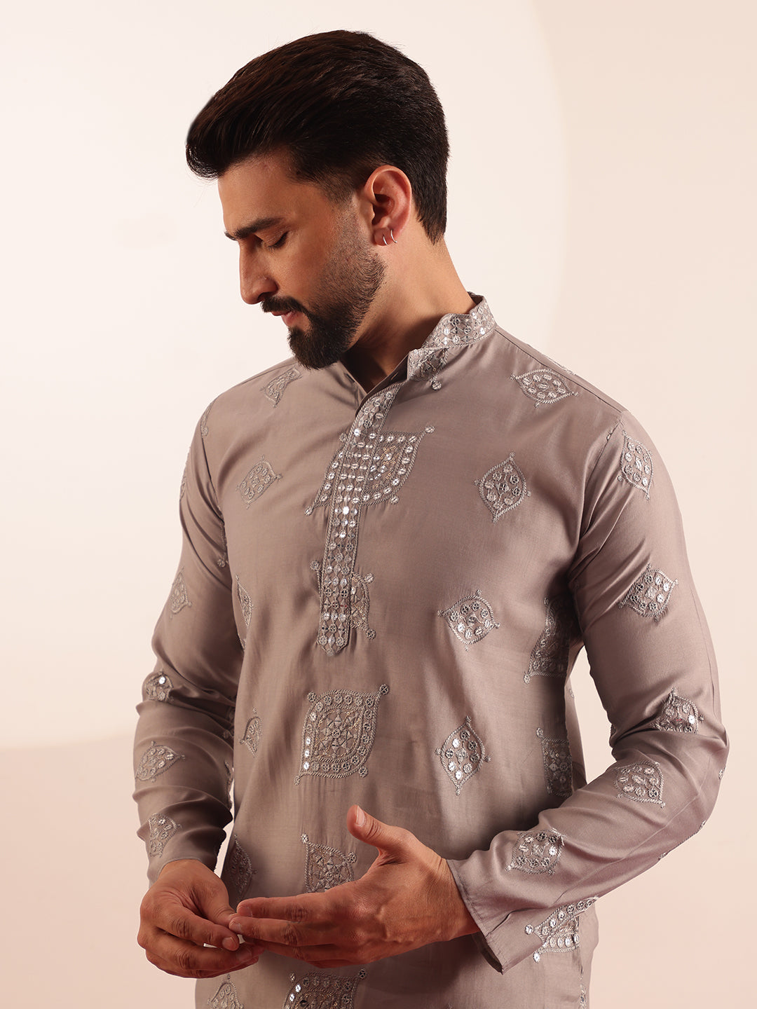 Men's Cotton Silk Boota Mirror Embroidered Grey Only Long Kurta