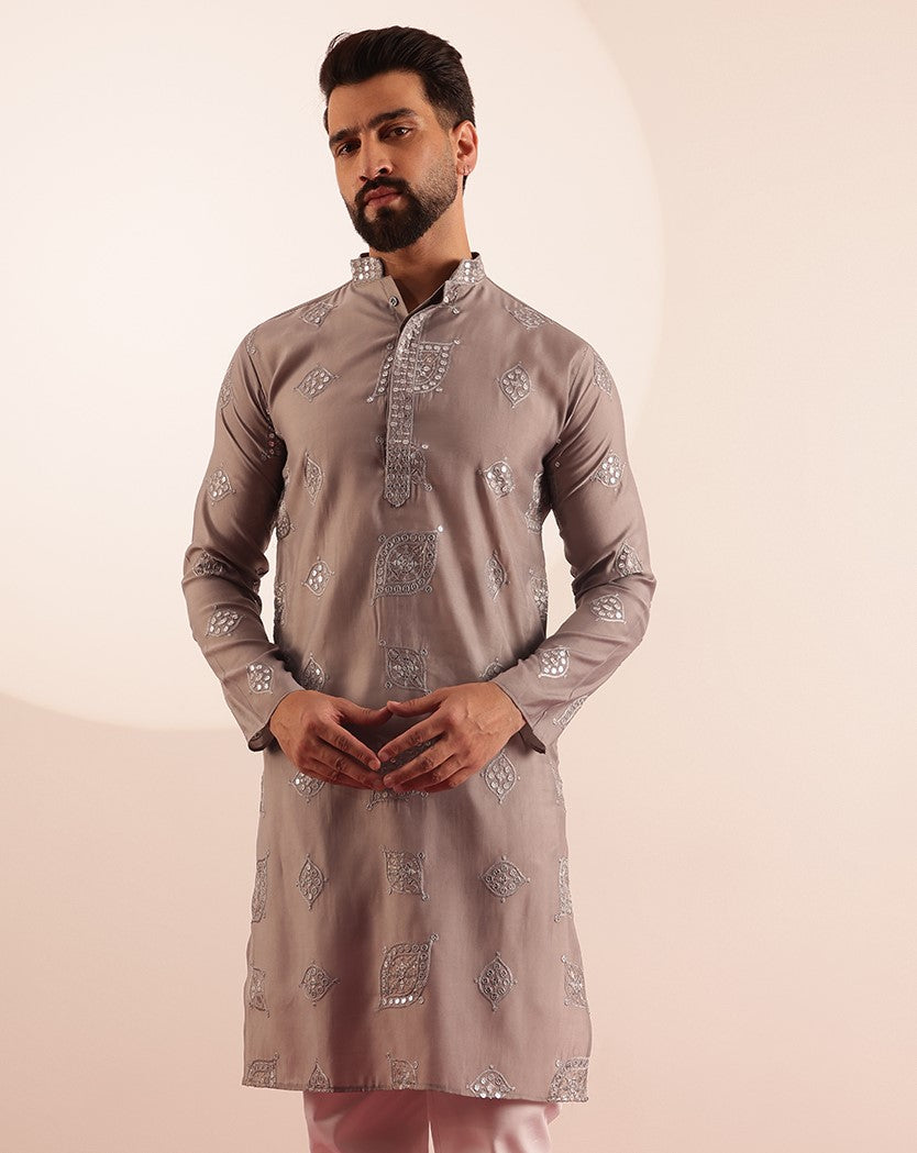 Men's Cotton Silk Boota Mirror Embroidered Grey Only Long Kurta