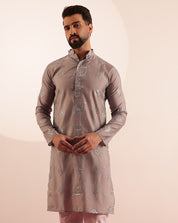 Men's Cotton Silk Boota Mirror Embroidered Grey Only Long Kurta