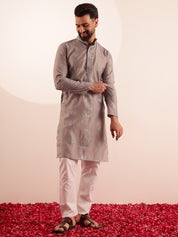 Men's Cotton Silk Boota Mirror Embroidered Grey Kurta With White Pyjama