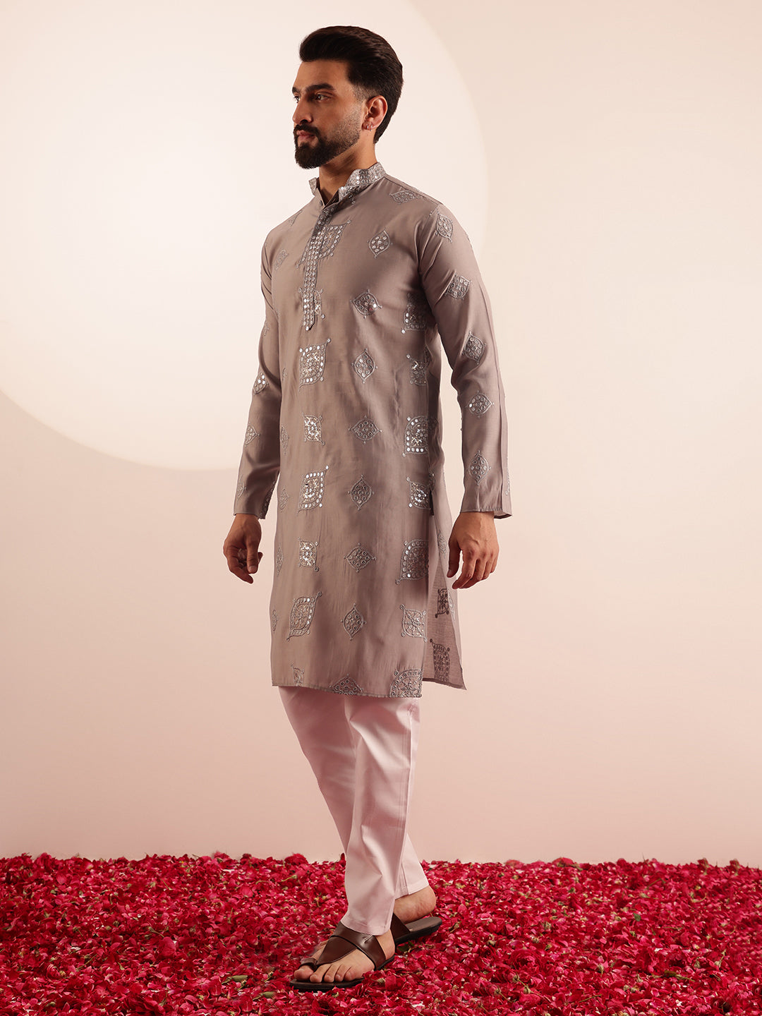 Men's Cotton Silk Boota Mirror Embroidered Grey Kurta With White Pyjama