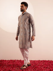 Men's Cotton Silk Boota Mirror Embroidered Grey Kurta With White Pyjama