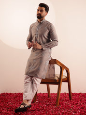 Men's Cotton Silk Boota Mirror Embroidered Grey Kurta With White Pyjama