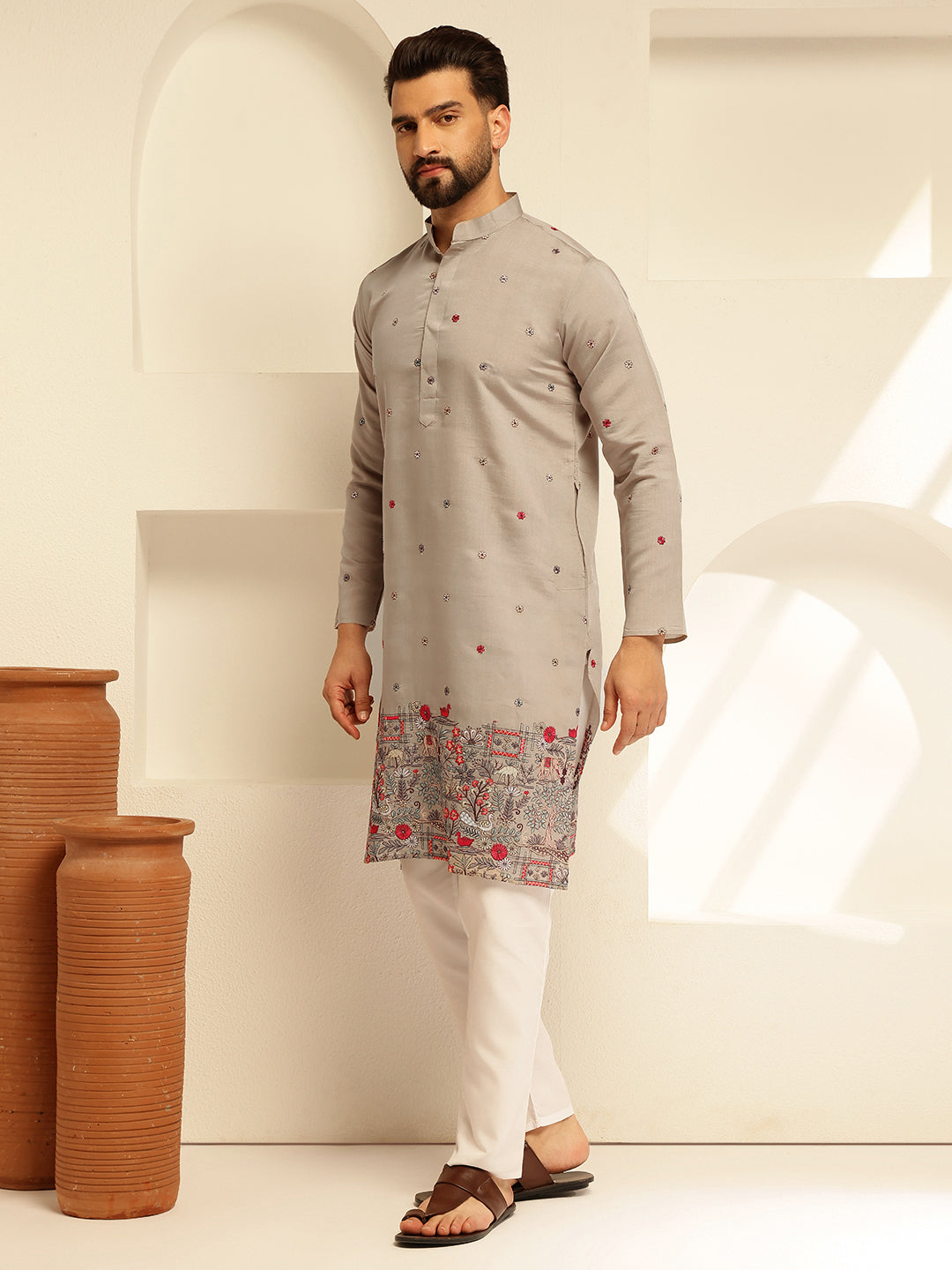 Sansangear 長袖 Men's Cotton Silk Exquisite Daman Embroidered Grey Long