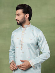 Men's Cotton Embroidered Ethnic Motif Sky Blue Long Kurta