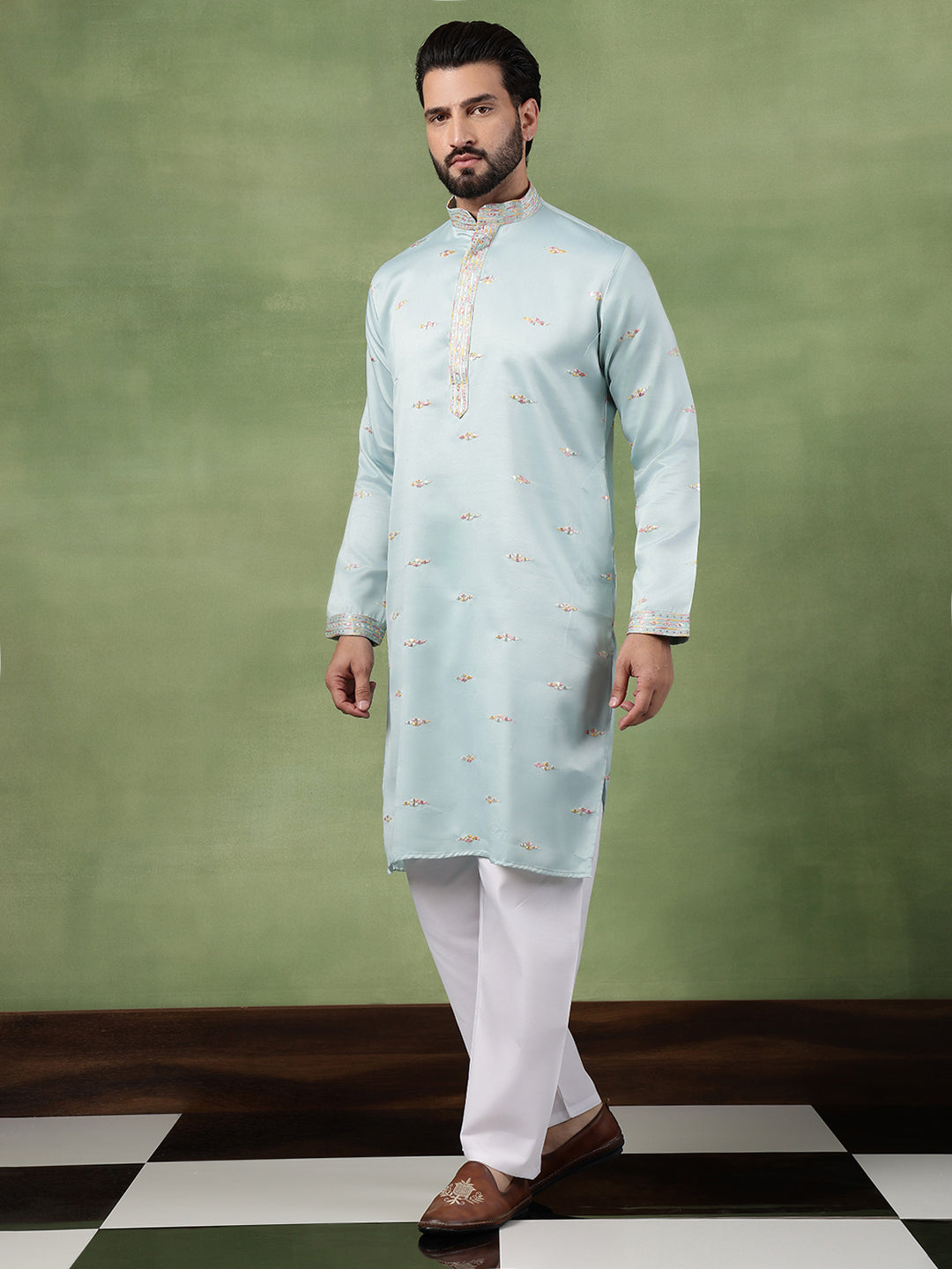 Men's Cotton Embroidered Ethnic Motif Sky Blue Long Kurta