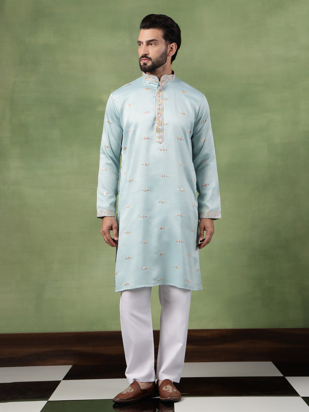 Men's Cotton Embroidered Ethnic Motif Sky Blue Long Kurta