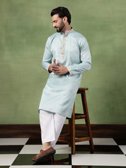 Men's Cotton Embroidered Ethnic Motif Sky Blue Kurta With Pyjama