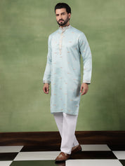 Men's Cotton Embroidered Ethnic Motif Sky Blue Kurta With Pyjama