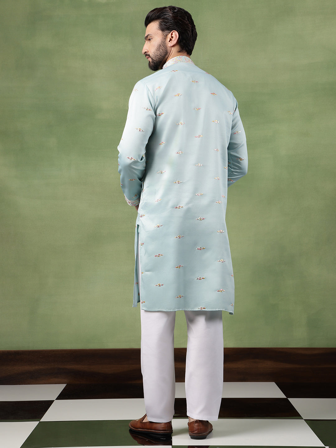 Men's Cotton Embroidered Ethnic Motif Sky Blue Kurta With Pyjama