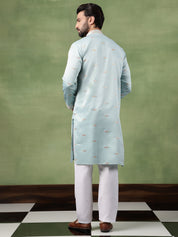 Men's Cotton Embroidered Ethnic Motif Sky Blue Kurta With Pyjama
