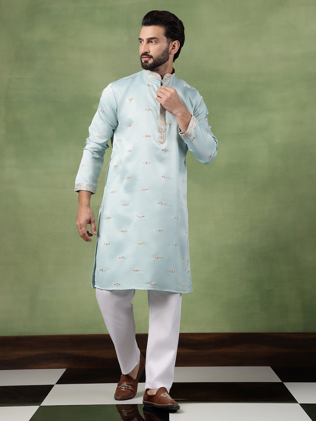 Men's Cotton Embroidered Ethnic Motif Sky Blue Kurta With Pyjama