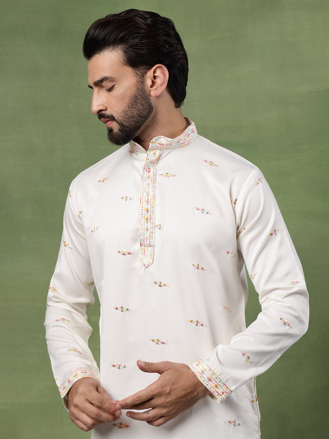 Men's Cotton Embroidered Ethnic Motif Off white Long Kurta
