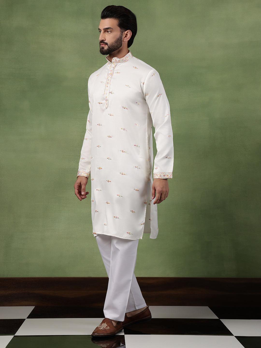 Men's Cotton Embroidered Ethnic Motif Off white Long Kurta