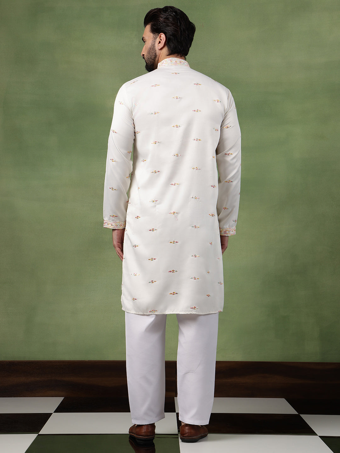 Men's Cotton Embroidered Ethnic Motif Off white Long Kurta