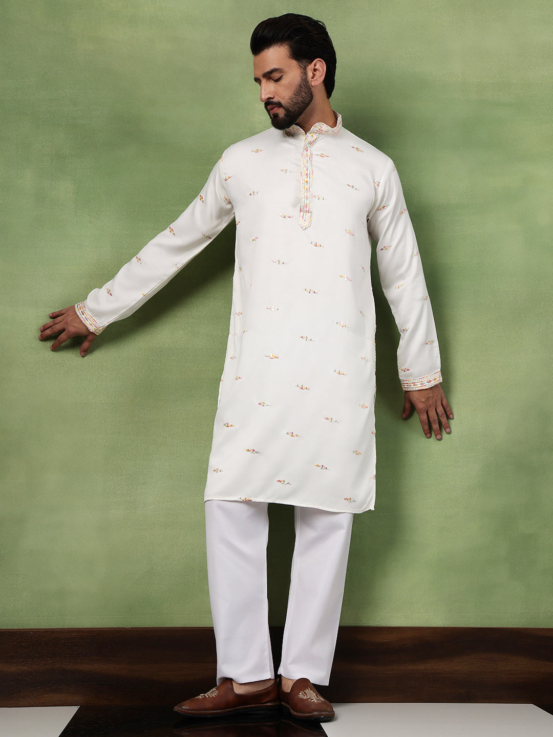 Men's Cotton Embroidered Ethnic Motif Off white Long Kurta