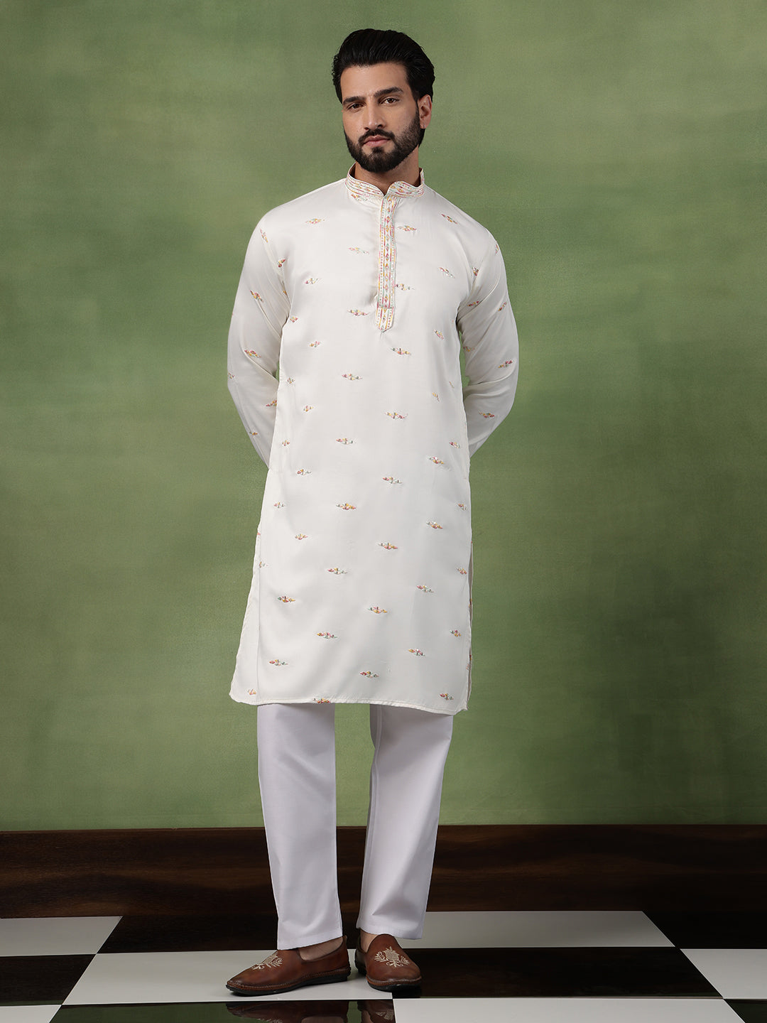 Men's Cotton Embroidered Ethnic Motif Off white Long Kurta