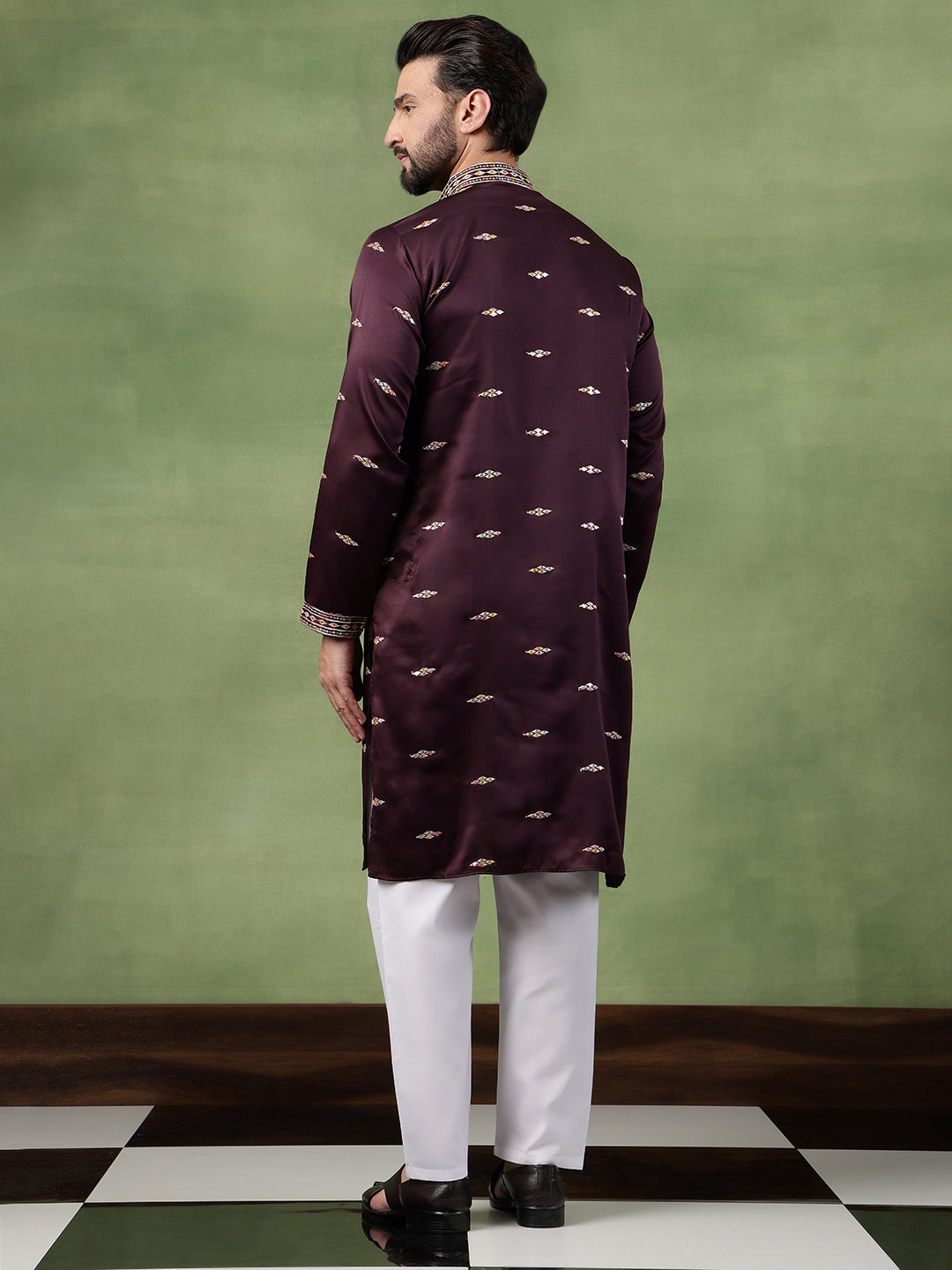 Men's Cotton Embroidered Ethnic Motif Wine Long Kurta
