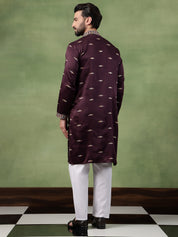 Men's Cotton Embroidered Ethnic Motif Wine Long Kurta