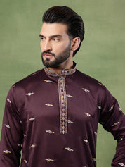 Men's Cotton Embroidered Ethnic Motif Wine Long Kurta