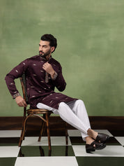 Men's Cotton Embroidered Ethnic Motif Wine Long Kurta