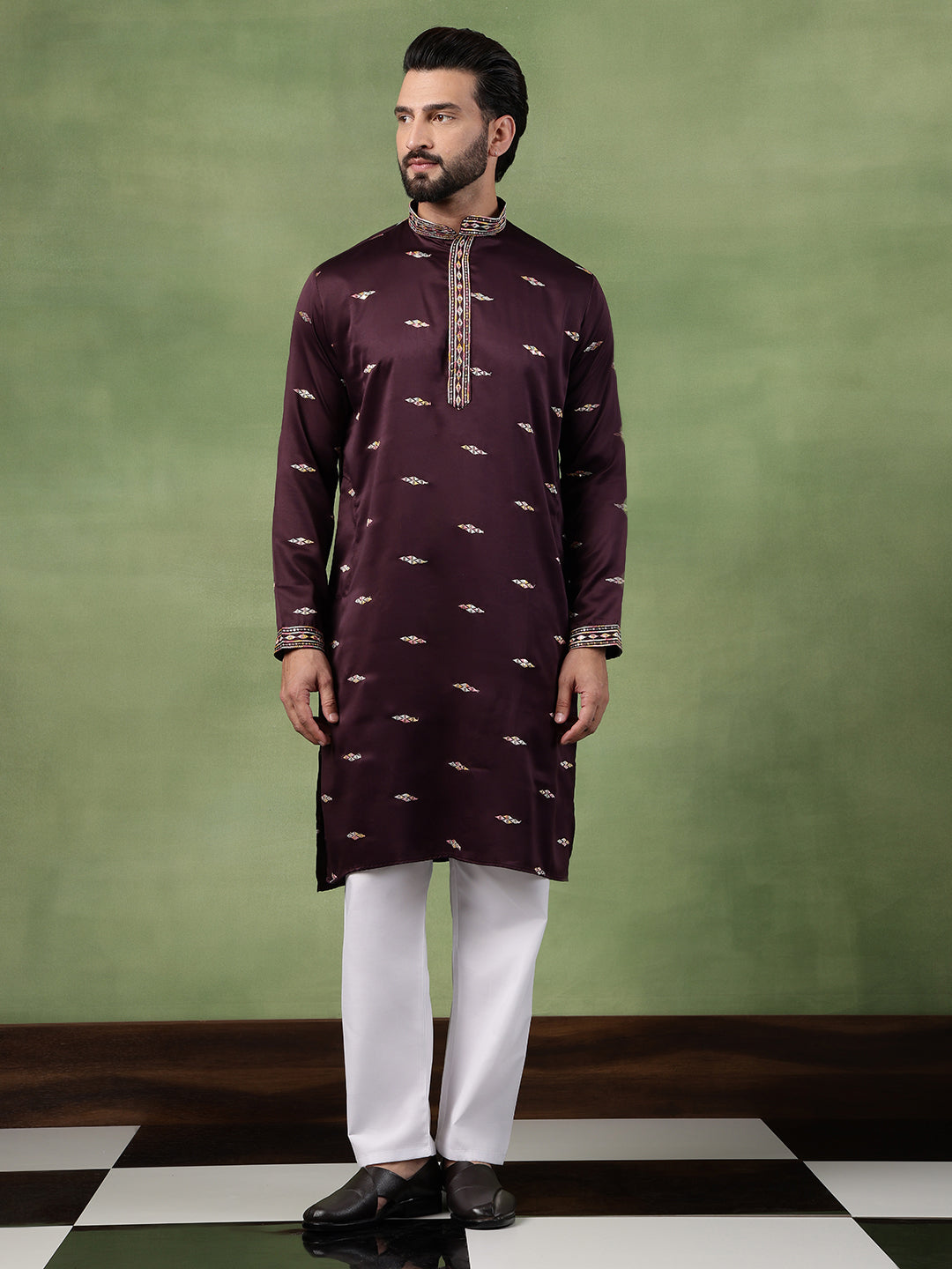Men's Cotton Embroidered Ethnic Motif Wine Long Kurta