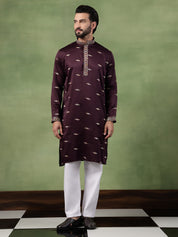 Men's Cotton Embroidered Ethnic Motif Wine Long Kurta