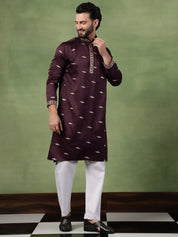 Men's Cotton Embroidered Ethnic Motif Wine Kurta With Pyjama