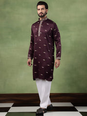 Men's Cotton Embroidered Ethnic Motif Wine Kurta With Pyjama