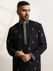 Men's Cotton Embroidered Ethnic Motif Black Long Kurta