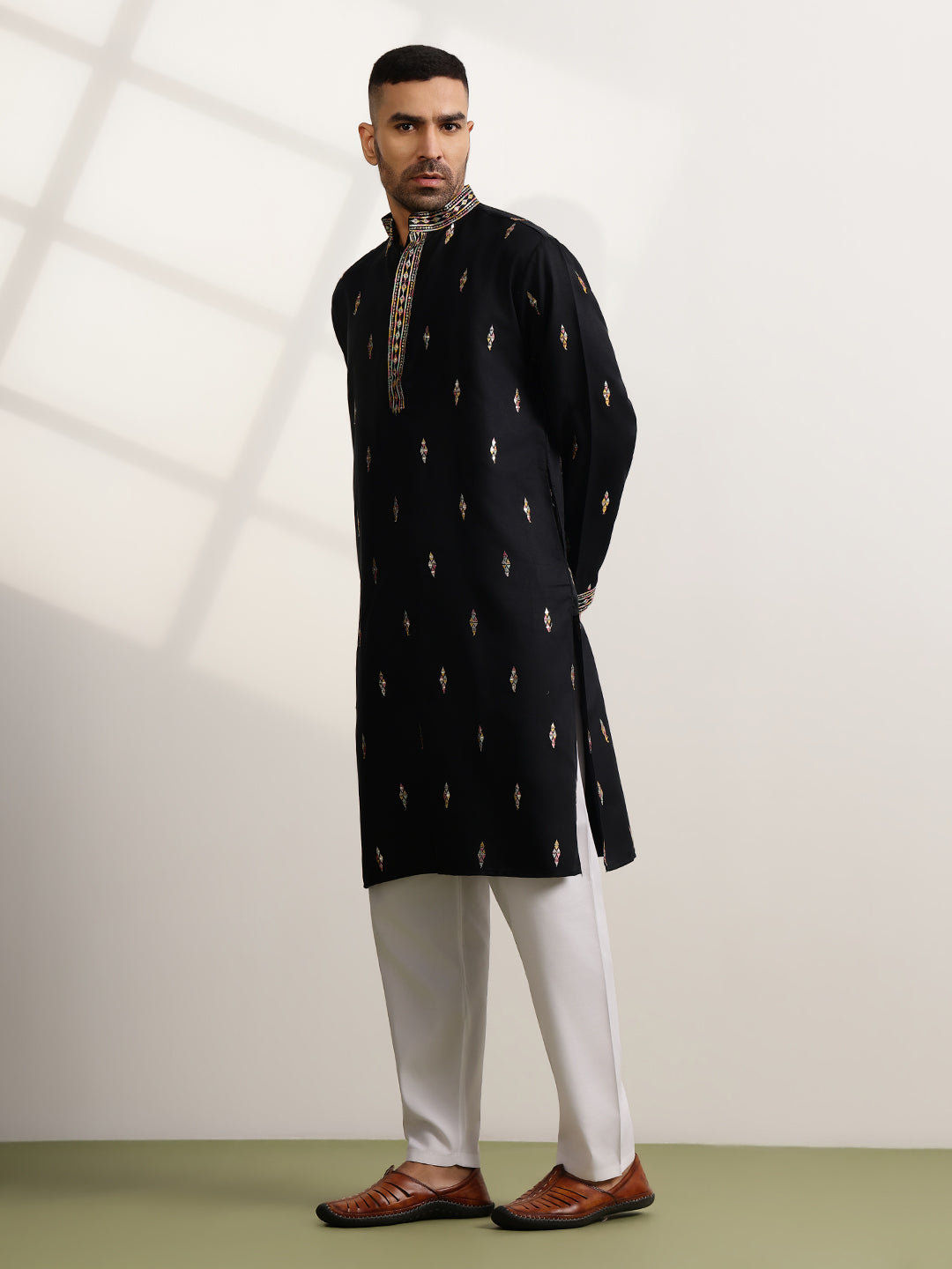 Men's Cotton Embroidered Ethnic Motif Black Long Kurta