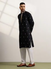 Men's Cotton Embroidered Ethnic Motif Black Long Kurta