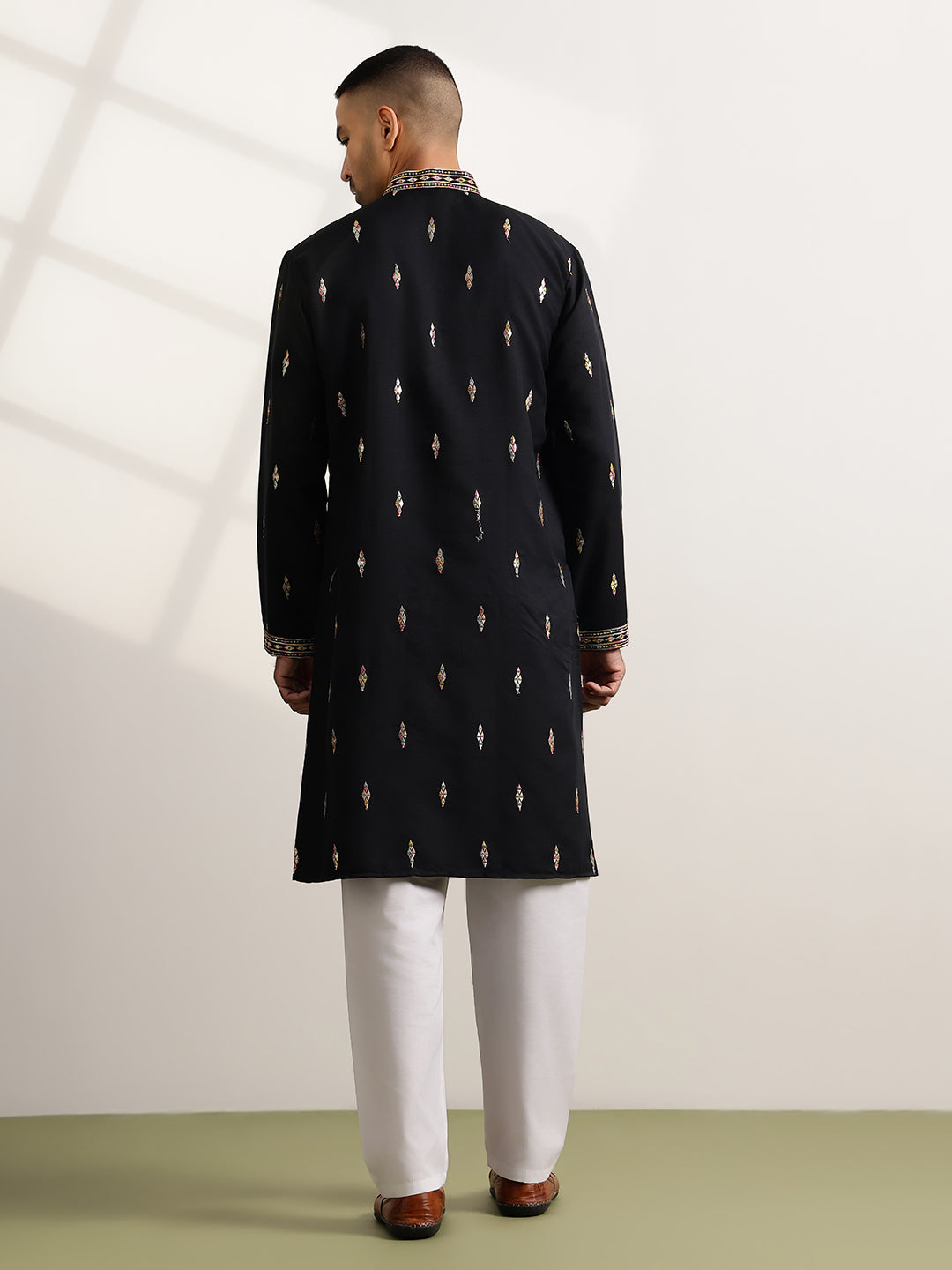 Men's Cotton Embroidered Ethnic Motif Black Long Kurta