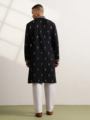 Men's Cotton Embroidered Ethnic Motif Black Long Kurta