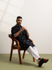Men's Cotton Embroidered Ethnic Motif Black Long Kurta