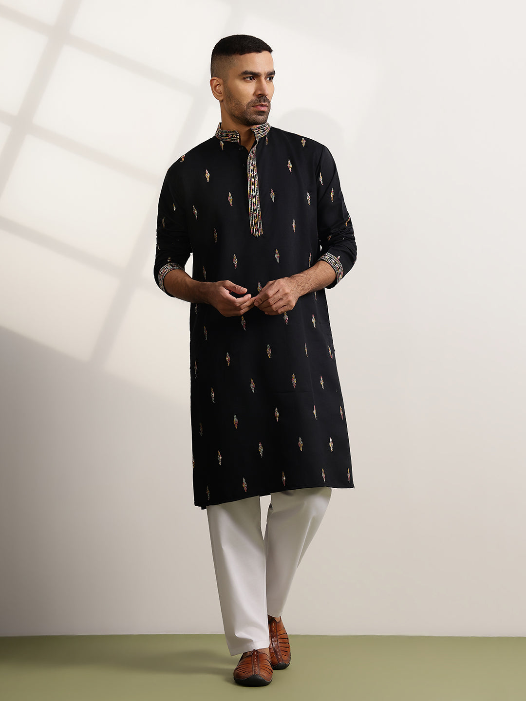 Men's Cotton Embroidered Ethnic Motif Black Long Kurta