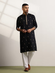 Men's Cotton Embroidered Ethnic Motif Black Long Kurta