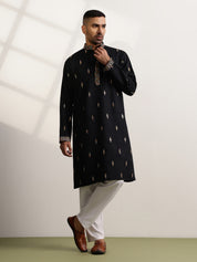 Men's Cotton Embroidered Ethnic Motif Black Long Kurta