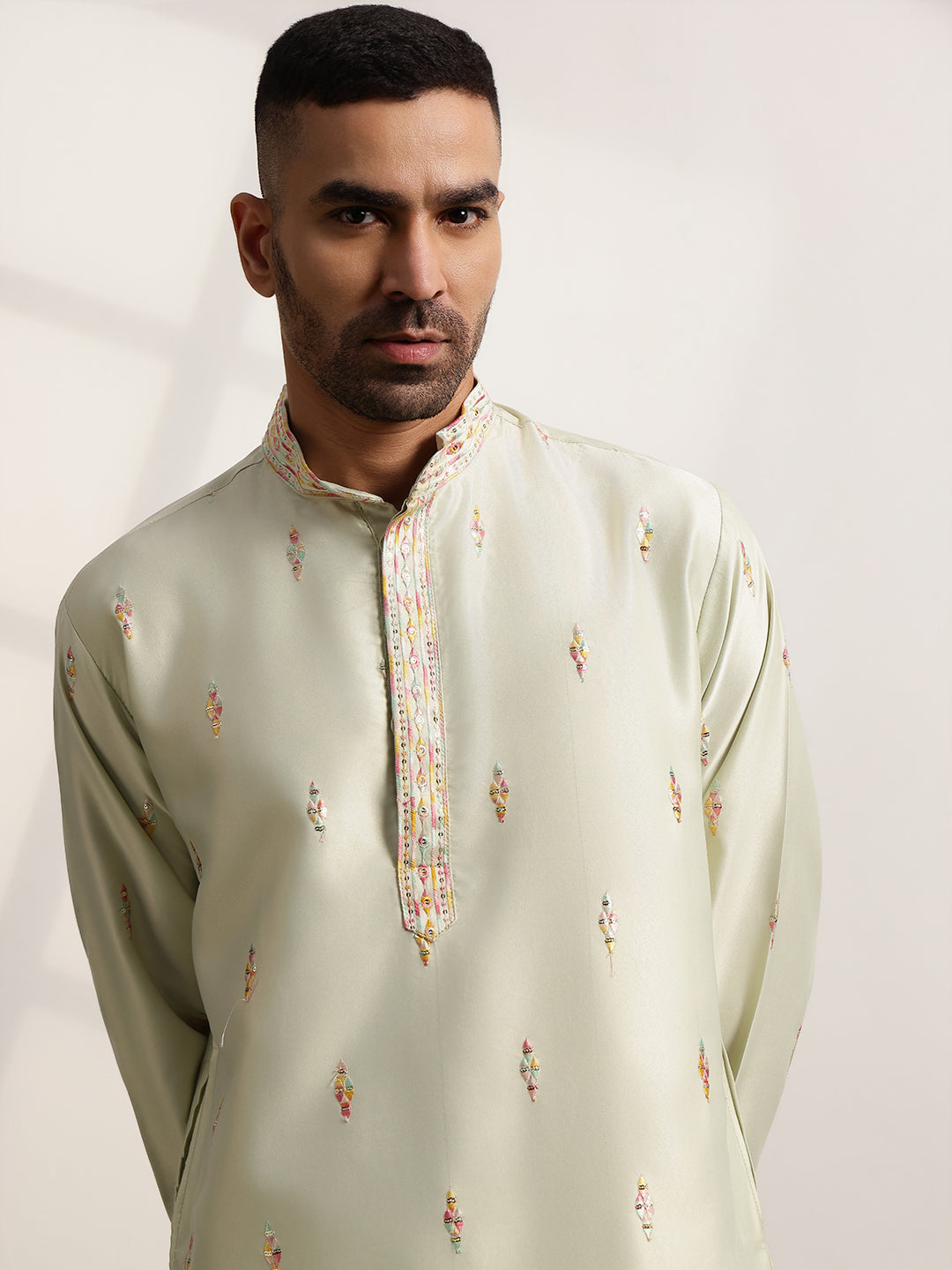 Men's Cotton Embroidered Ethnic Motif Pista Long Kurta