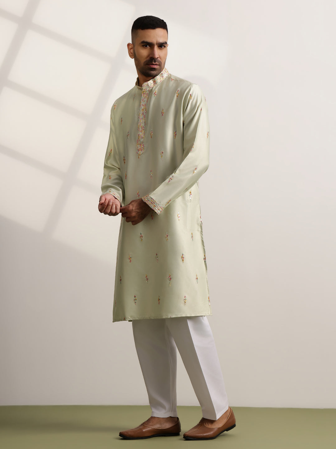 Men's Cotton Embroidered Ethnic Motif Pista Long Kurta